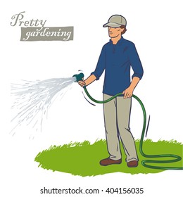 Work in the garden. Watering lawns. A man in a cap watering the grass with a hose.