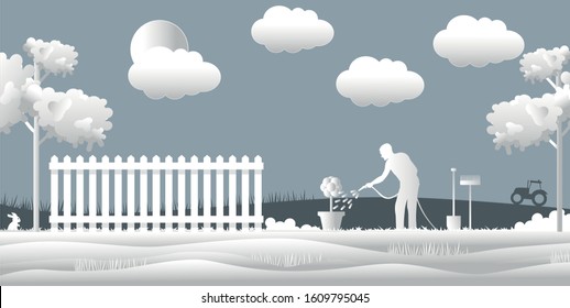 Work in the garden, watering plants. Illustration of a man watering a flower with water. View of the garden with a fence, trees. Concept of caring for plants, vector illustration.