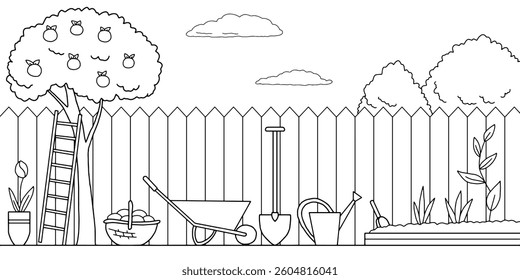 Work in garden yard graphic black white landscape sketch illustration vector 