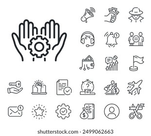 Work gear sign. Salaryman, gender equality and alert bell outline icons. Employee hands line icon. Development cogwheel symbol. Employee hand line sign. Spy or profile placeholder icon. Vector