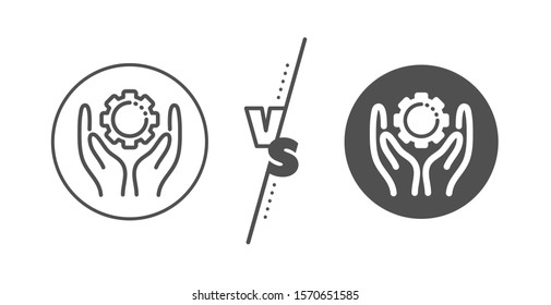 Work gear sign. Versus concept. Employee hands line icon. Development cogwheel symbol. Line vs classic employee hand icon. Vector