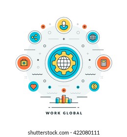 Work global. Vector thin line business concept. Flat style illustration for website banner or promotional materials. Line icons and design elements