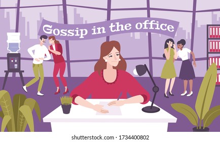 Work gossip flat composition with office scenery and cartoon characters of coworkers talking with each other vector illustration