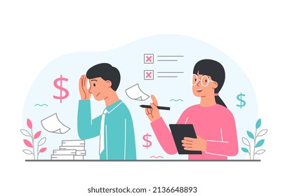 Work got rejected. Customer did not like actions of freelancer. Unsatisfactory result for employee. Failure and failure, problems in office. Angry boss or chief. Cartoon flat vector illustration