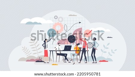 Work group as effective approach for business project tiny person concept. Teamwork and collaboration as effective strategy for company vector illustration. Data analysis and job information sharing.