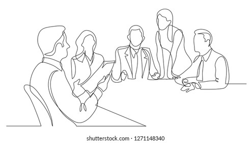 work group talking during business meeting - one line drawing