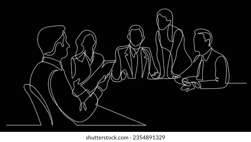 work group talking during business meeting - one line drawing