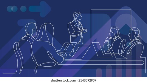 work group watching presentation during team meeting - one line drawing