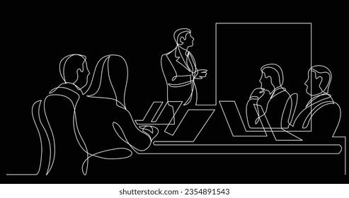 work group watching presentation during team meeting - one line drawing