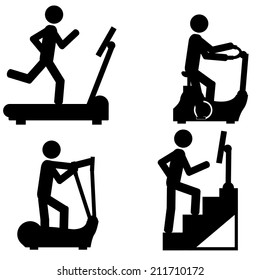 Work at gym, on different equipment. It is a stick figure vector. EPS10 