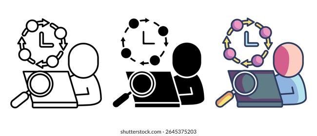 Ícone de análise de hábito de trabalho representado por avatar humano usando laptop, relógio, seta giratória Linha, Preenchido, Estilo de cor.