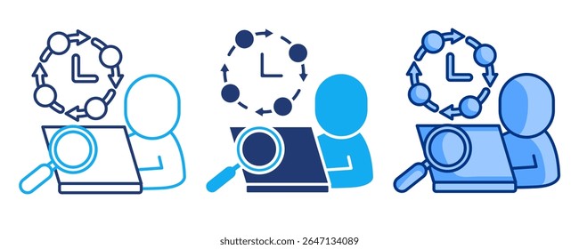 Ícone de análise de hábito de trabalho representado por avatar humano usando laptop, relógio, seta giratória Azul, Dualline, estilo Dualtone.
