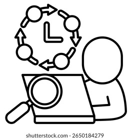 Ícone de análise de hábito de trabalho representado por avatar humano usando laptop, relógio, seta giratória Estilo de linha.