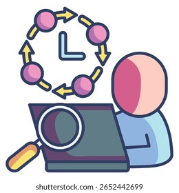 Ícone de análise de hábito de trabalho representado por avatar humano usando laptop, relógio, seta giratória Estilo de cor linear.