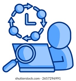 Work habit analysis icon represented by human avatar using laptop,clock,rotating arrow Blue style.