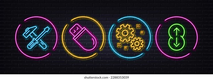 Work, Hammer tool and Usb stick minimal line icons. Neon laser 3d lights. Swipe up icons. For web, application, printing. Settings, Repair screwdriver, Memory flash. Scrolling page. Vector