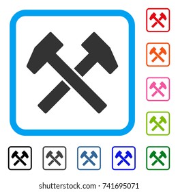 Work Hammers icon. Flat gray iconic symbol in a light blue rounded squared frame. Black, gray, green, blue, red, orange color versions of Work Hammers vector. Designed for web and application UI.