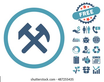 Work Hammers icon with free bonus pictograph collection. Vector illustration style is flat iconic bicolor symbols, cyan and blue colors, white background.