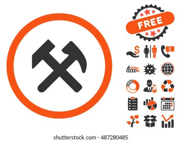 Work Hammers icon with free bonus design elements. Vector illustration style is flat iconic bicolor symbols, orange and gray colors, white background.
