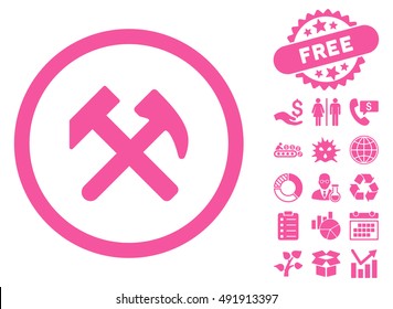 Work Hammers icon with free bonus clip art. Vector illustration style is flat iconic symbols, pink color, white background.