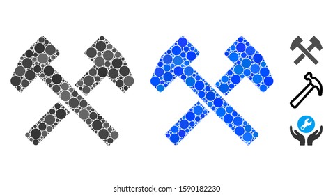 Work hammers mosaic of small circles in various sizes and color tinges, based on work hammers icon. Vector small circles are grouped into blue mosaic.