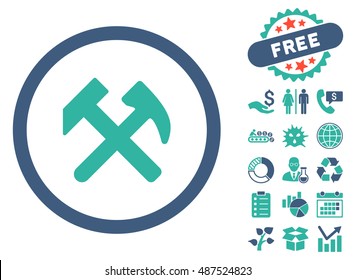 Work Hammers pictograph with free bonus pictures. Vector illustration style is flat iconic bicolor symbols, cobalt and cyan colors, white background.