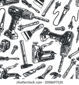 Work hand tools seamless pattern with electric drill hammer soldering iron industrial stapler chisel putty knife tape measure screwdriver wrench steel bolt vector illustration