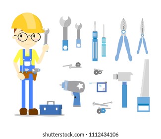 the work handyman tools set with the technician mechanic man,wrench,spanner,screwdriver,saw,plier,nut,nail,hammer,glue gun,helmet,drill,isolated,flat vector illustration cartoon character costume 