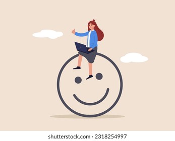 Work happiness concept. Job satisfaction, passion or enjoyment working with company, employee wellbeing, happy businesswoman working with computer on smiling face.