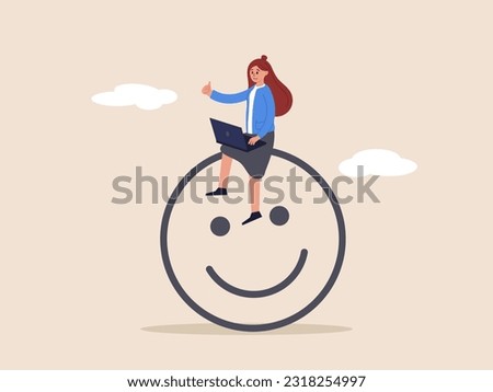 Work happiness concept. Job satisfaction, passion or enjoyment working with company, employee wellbeing, happy businesswoman working with computer on smiling face.