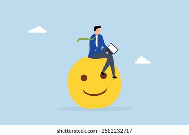 Work happiness, content entrepreneur using computer with a cheerful expression