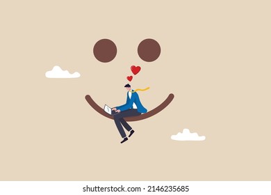 Work happiness, enjoy working or career satisfaction, loving job or passion concept, happy businessman working with computer laptop on smile face with lovely heart metaphor of happiness and joyful.