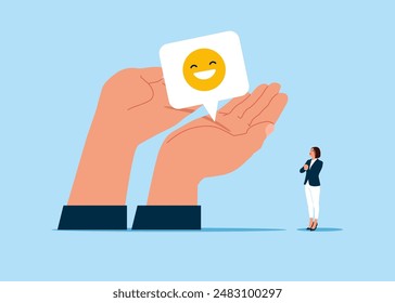 Trabajar con felicidad, disfrutar del trabajo o la satisfacción profesional. Feliz cara sonriente comentario en la burbuja del habla. Ilustración vectorial moderna en estilo plano