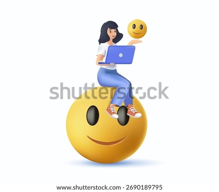 Work happiness or job satisfaction 3D render vector illustration. Passion or enjoyment working with company, employee wellbeing concept, happy businesswoman working with computer on smiling face
