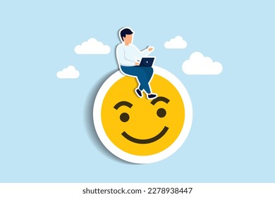 Work happiness or job satisfaction, passion or enjoyment working with company, employee wellbeing concept, happy businesswoman working with computer on smiling face. Paper Cut Style