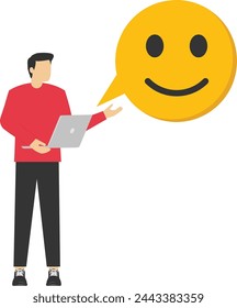 Work happiness or job satisfaction, passion or enjoyment working with company, employee wellbeing concept, happy businessman working with computer with smiling face.

