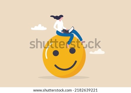 Work happiness or job satisfaction, passion or enjoyment working with company, employee wellbeing concept, happy businesswoman working with computer on smiling face.