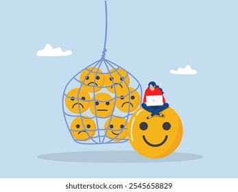Work happiness or job satisfaction,Businesswoman dealing with emotionshappy  working with computer on smiling face.vector illustrator.