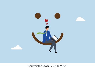 Work happiness, Joyful entrepreneur using a laptop with a smiling expression and a charming heart symbolizing happiness and delight