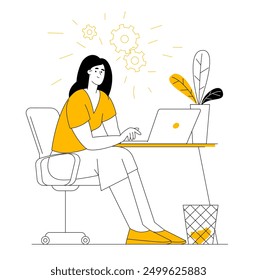 Work hard to achieve maximum expected results. Young woman manager is sitting and typing on laptop computer. Overtime and work, flat design vector concept of office worker working hard.