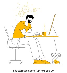 Work hard to achieve maximum expected results. Young manager is sitting and typing on laptop computer. Overtime and work, flat design vector concept of office worker working hard.