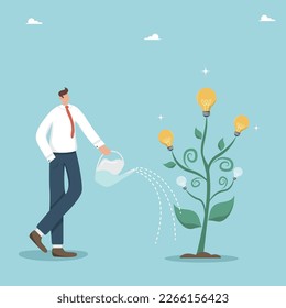 Arbeiten Sie hart, um Ihre Ziele zu erreichen, suchen Sie nach kreativen Ideen, um Ihr Geschäft zu wachsen, erstellen Sie Probleme zu lösen, nutzen Sie Innovation, um Ihr Geschäft zu führen, gießen Sie den Baum mit Glühbirnen von Ideen.