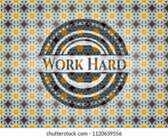 Work Hard arabic style emblem. Arabesque decoration.