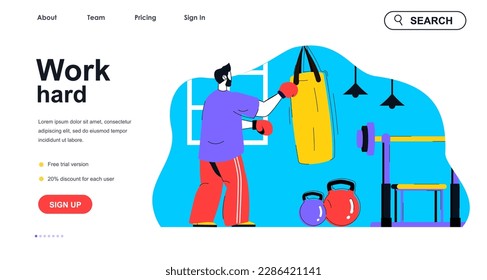 Trabajar en el concepto duro para la plantilla de la página de inicio. Hombre boxeando y haciendo ejercicio con una bolsa de punching en el gimnasio. Actividad deportes de entrenamiento de la gente escena. Ilustración vectorial con diseño de caracteres planos para banner web