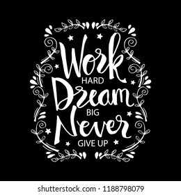Work hard, dream big and never give up. Motivational quote.