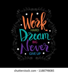 Work hard, dream big and never give up. Motivational quote.