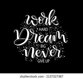 Work hard, dream big and never give up, hand lettering motivational quote