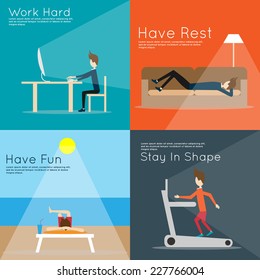 Work Hard. Have Rest. Have Fun. Stay In Shape. Life Activities. Vector Illustration