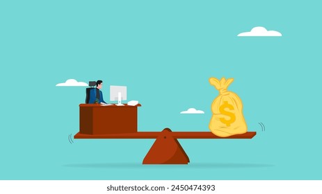 Arbeit hart und Einkommensausgleich, Geschäftsmann arbeitet hart auf Büroschreibtisch mit Geld Tasche Ausgleich, arbeiten hart, um viel Geld zu verdienen, angemessenes Einkommen als Arbeit Motivation Konzept Vektorillustration