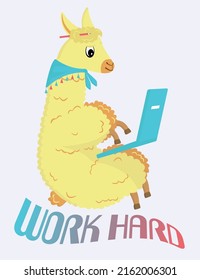Trabaja mucho lama. Personaje ocupado y cuidado trabajando en un portátil. Ilustración vectorial plana